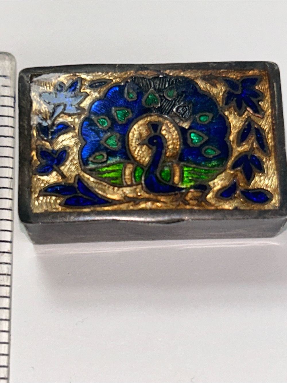 Meenakari Work Enamel Peacock Rectangular Trinket Box Pill Box - Blue & Green